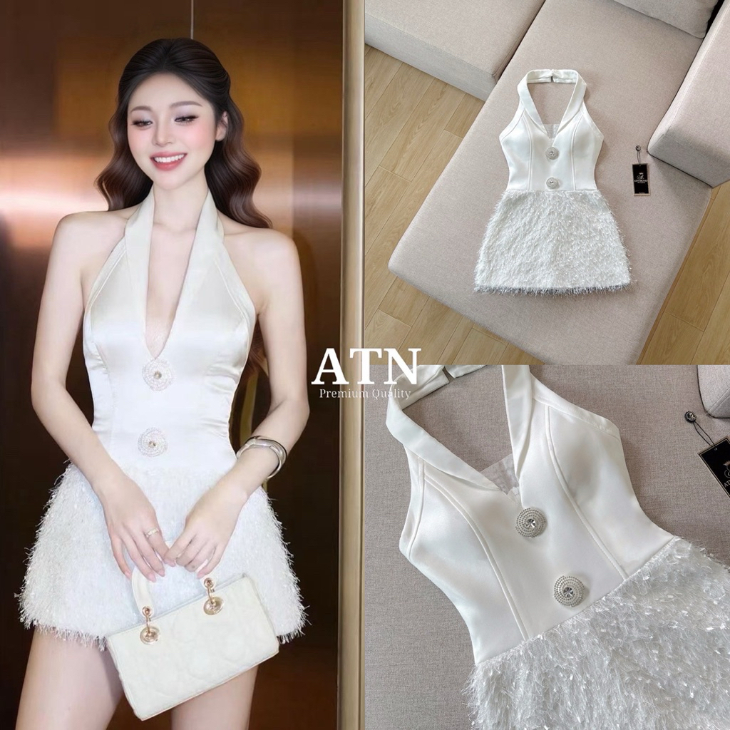 เดรสสีขาวคล้องคอแต่งพู่ช่วงกระโปรง Atn