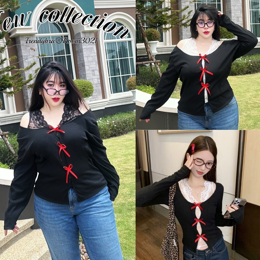 /TB/ เสื้อทรงคาร์ดิแกนตัดต่อลูกไม้ สาวอวบ มีไซส์อก40-52 ผ้าร่องยืด ติดโบว์ คิ้วท์มาก #เสื้อไซส์ใหญ่ พลัสไซส์