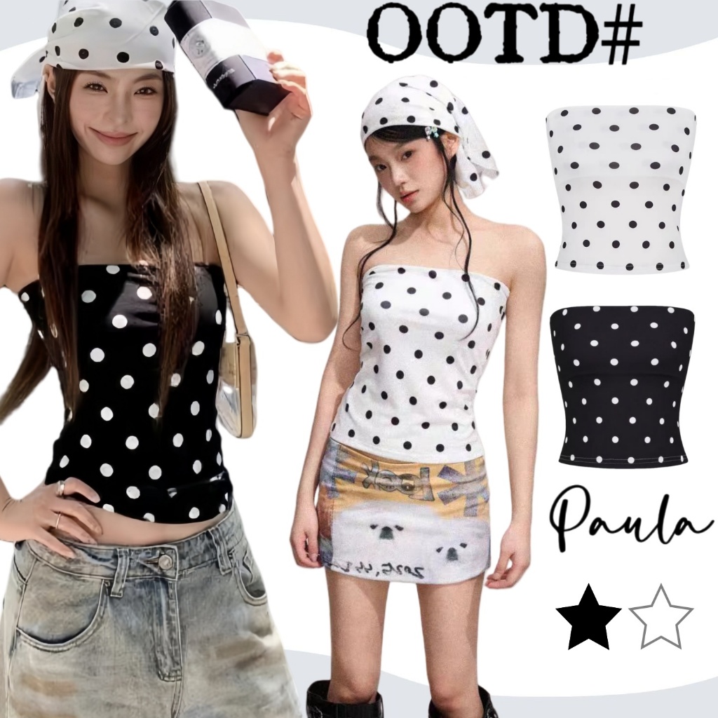Paula พร้อมส่ง🌴เสื้อกล้ามผู้หญิง🌴เกาะอกลายจุด สไตล์อเมริกัน Polkadot แขนกุด ดีไซน์เก๋ไก้และเซ็กซี่ เสื้อครอป ทรงรัดรูป