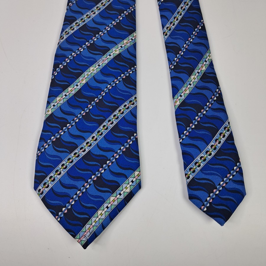 เนคไทมือสอง Emilio Pucci Men's Silk Tie Waves Striped Blue Made in Italy