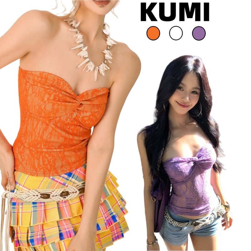 KUMI เสื้อเกาะอกปาดไหล่ สีซีทรู แขนกุด สไตล์เวียดนาม ทรงเข้ารูป 3D เซ็กซี่ผู้หญิง
