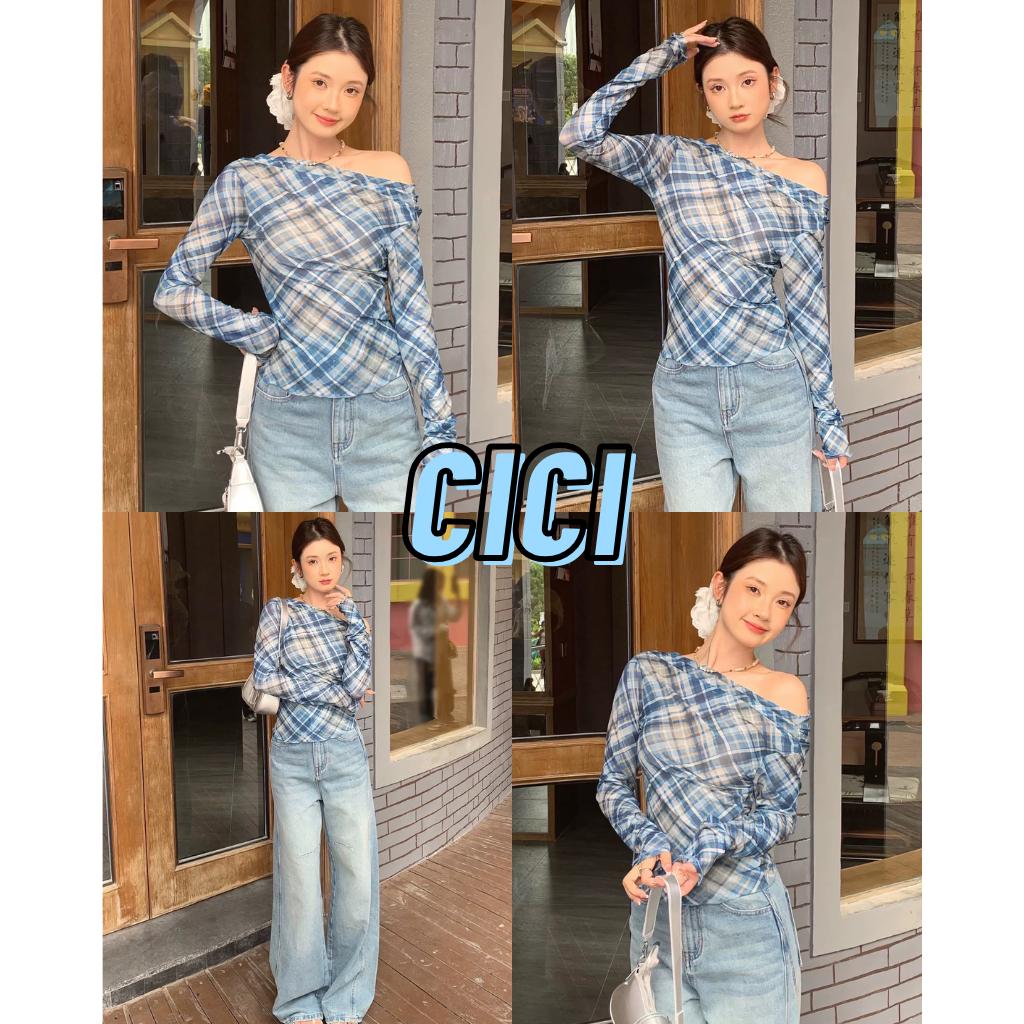 ส่งทันที Cicishop(J2209)เสื้อซีทรูปาดไหล่แขนยาว สีน้ำเงินลายตาราง เข้ารูปสวยเก๋ สไตล์สาวเกาหลี