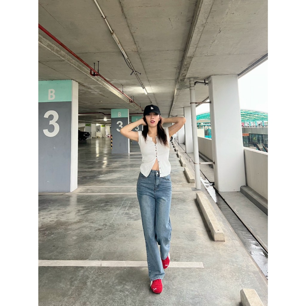 กางเกงยีนส์กระบอกกลางเอวสูงป้านวินเทจสีBlue1368 - รูปที่ 4