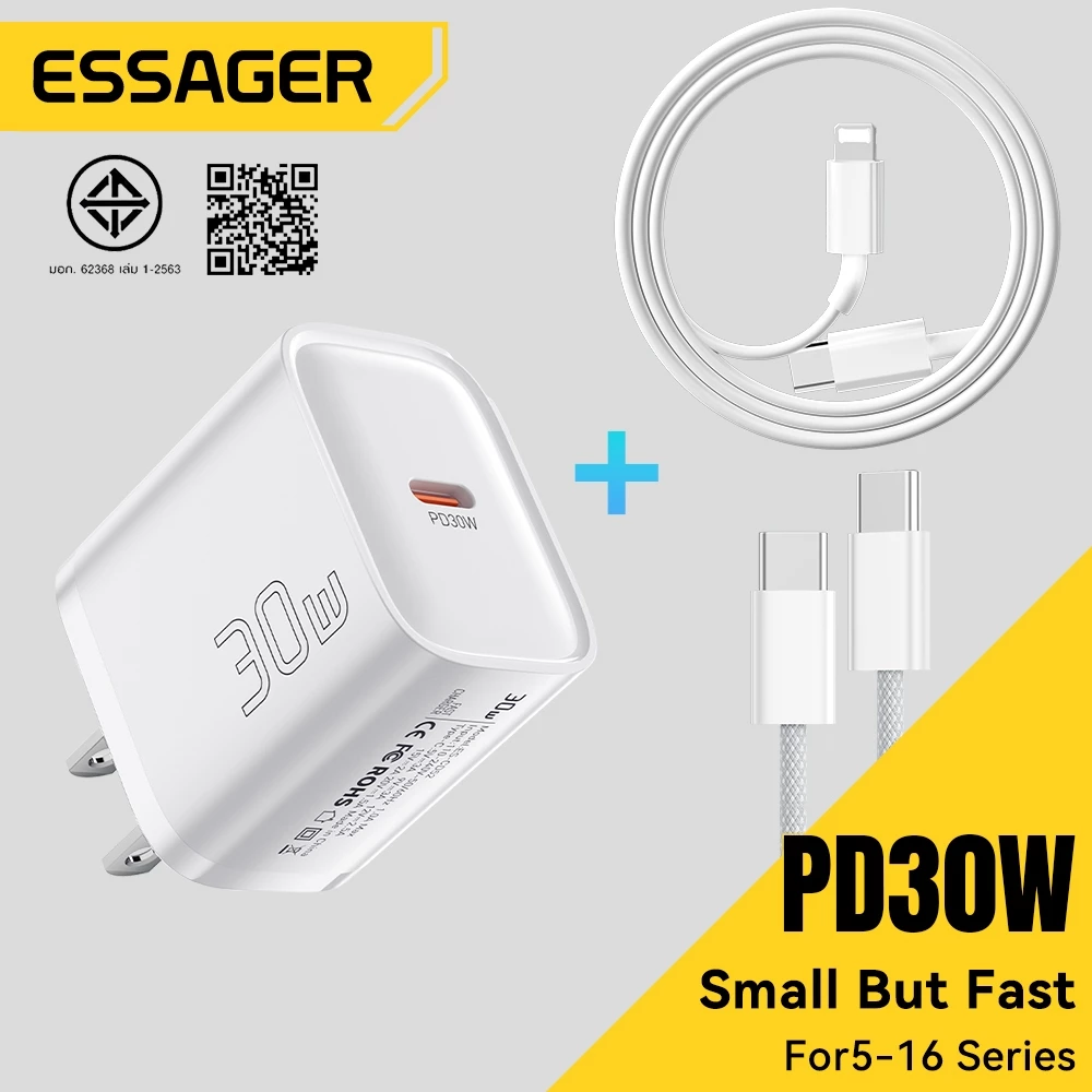 Essager PD30W/20W Fast Charger เครื่องชาร์จพกพา Type-C/L ชุดชาร์จสำหรับ IP8-16