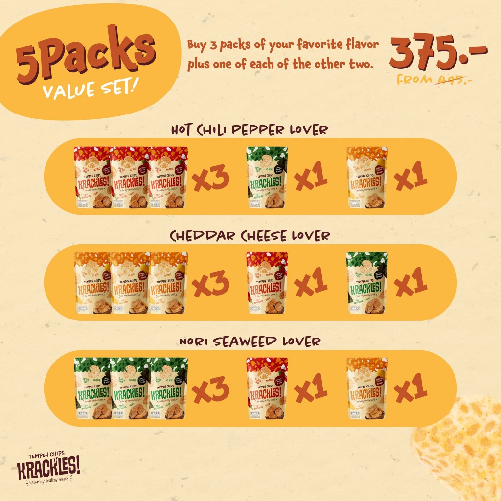 แคร็กเคิลส์ เทมเป้แผ่นกรอบ 50 กรัม, ชุดสุดคุ้ม 5 ซอง (Krackles! Tempeh Chips 50g, 5 packs value set)