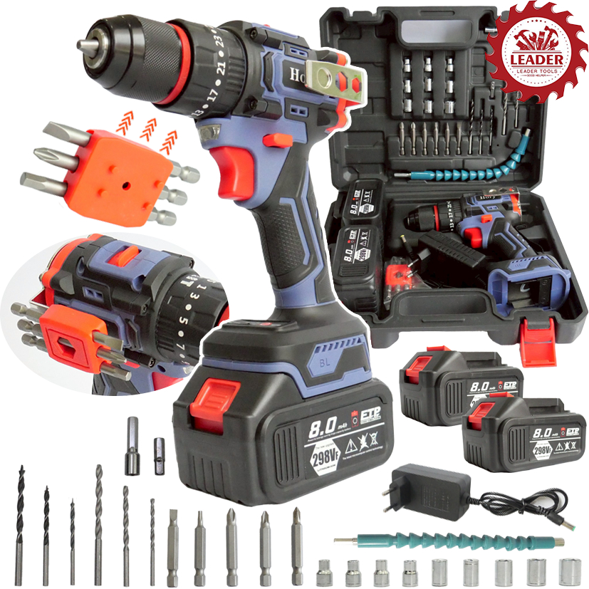 HORY สว่านไร้สาย 298V 3ระบบ มอเตอร์บัสเลส แบตเตอรี่ใหญ่ 2 ก้อน มีระบบกระแทก รุ่นใหม่ล่าสุด พร้อม ดอกสว่าน และ อุปกรณ์ เค
