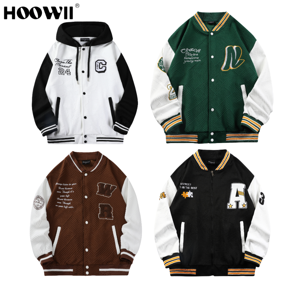 HOOWII แจ็คเก็ตวินเทจเบสบอล ปักลาย 4 สี สไตล์ Varsity Unisex แขนยาว แฟชั่นลำลอง