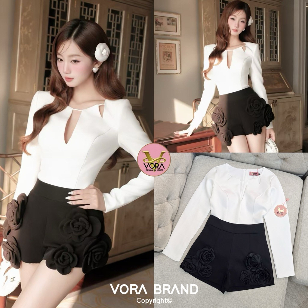 M9 Vora Set ชุดเซ็ท เสื้อแขนยาวเว้าอก+กางเกงขาสั้น สำหรับผู้หญิง เสื้อผ้าแฟชั่นผู้หญิง ไซส์ S-L