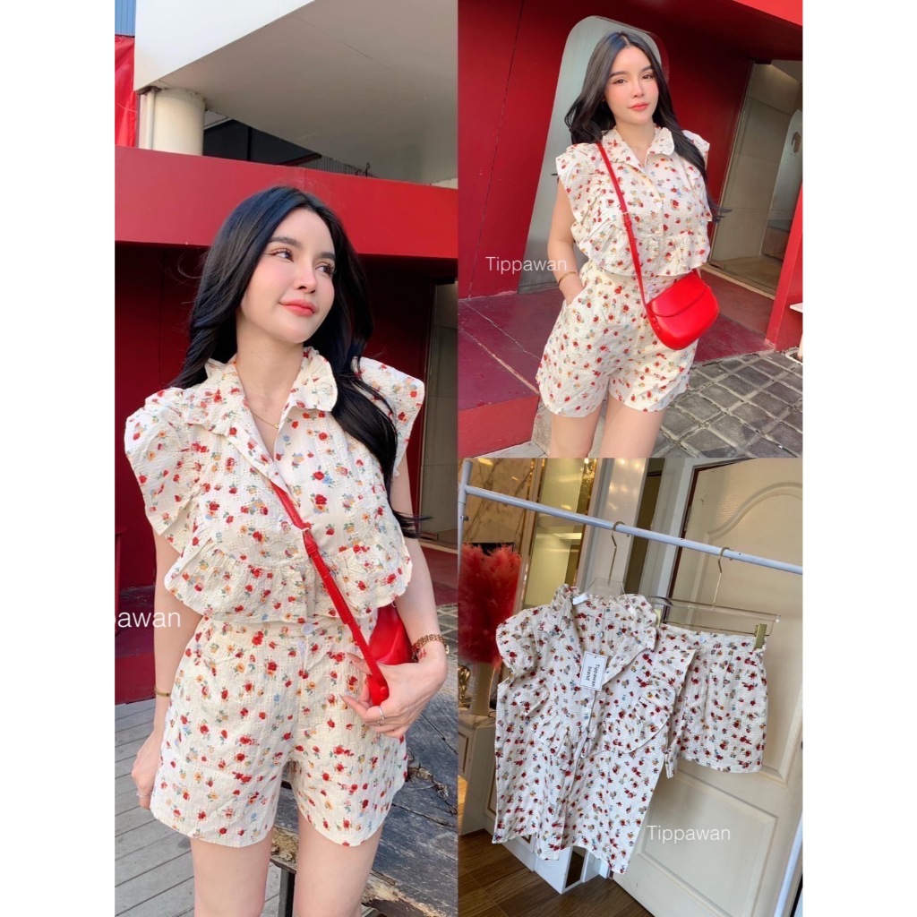 【TIPPAWAN】 TPW 41545 ชุดนี้ห้ามพลาด งานฉลุทั้งตัว ที่ควรมี  คอปกแต่งระบายน่ารักๆ มาพร้อมกางเกงขาสั้น