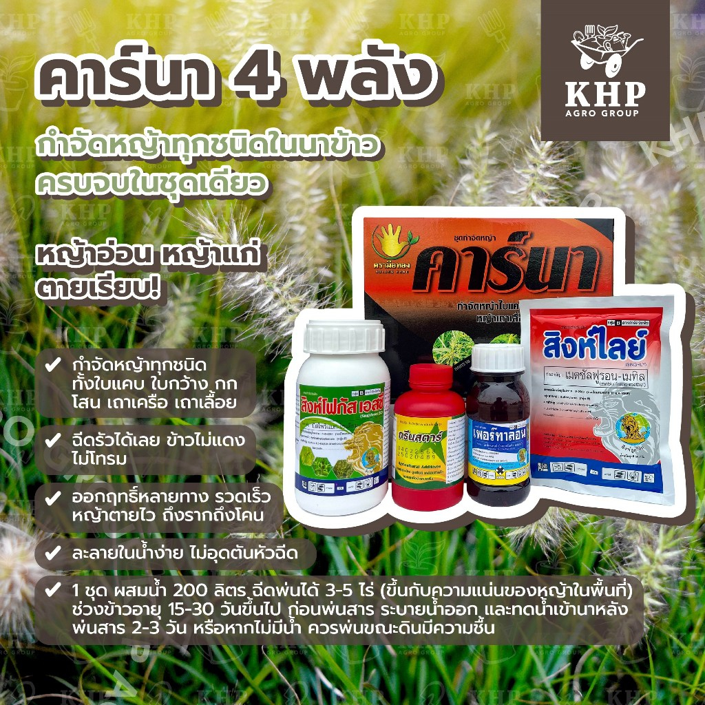 คาร์นา 4 พลัง กำจัดหญ้าทุกชนิดในนาข้าว ใบแคบ ใบกว้าง กก โสน ผือ เถาเครือ ถึงรากถึงโคน ฉีดรัวได้ ข้าวไม่แดง กลิ่นน้อย