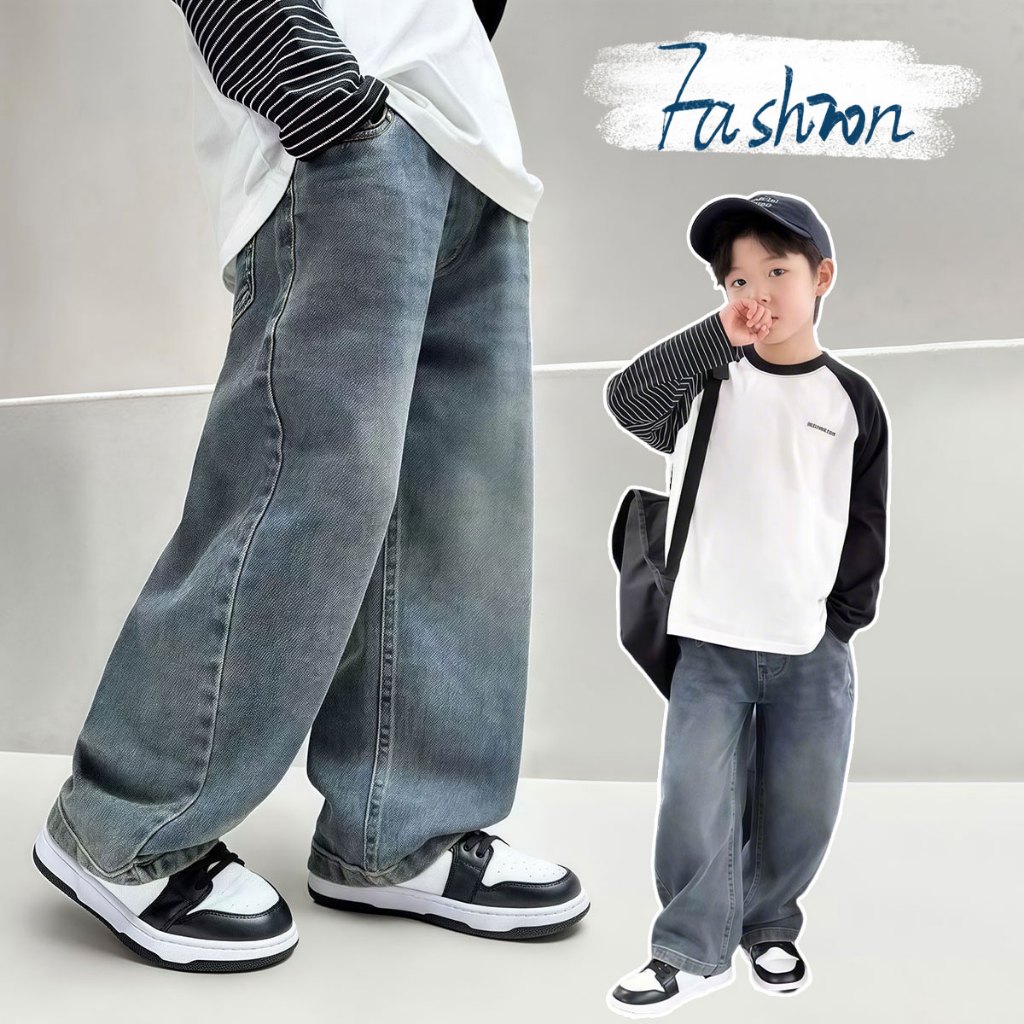 Beryl kids🌸กางเกงยีนส์เด็ก🎀กางเกงลำลองแฟชั่นเด็กชาย สไตล์เกาหลี เท่ๆ สบาย เอวยางยืด ขากว้าง ฤดูร้อนใหม่ ใส่ได้ทุกโอกาส