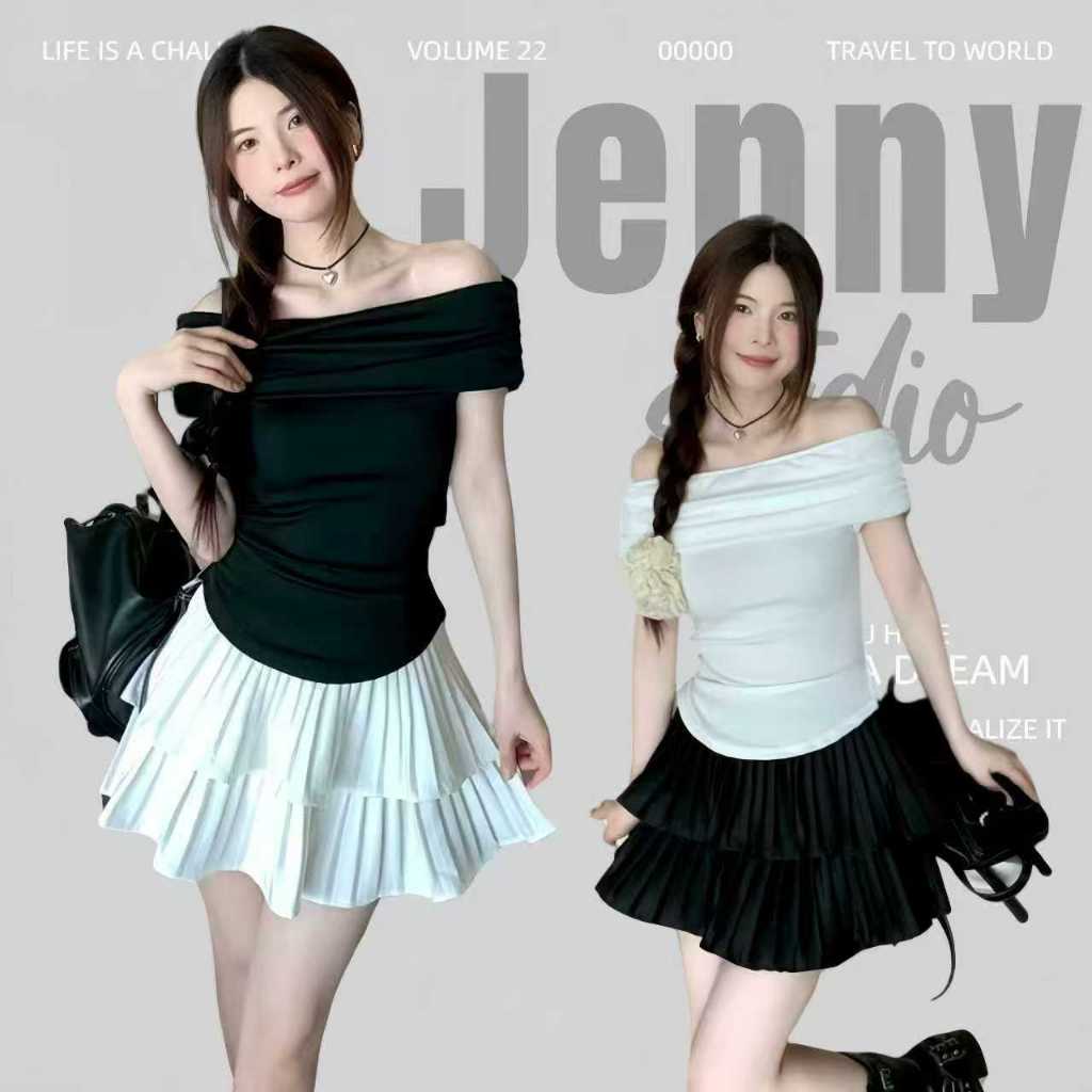 Jenny🍒พร้อมส่ง🍒เสื้อยืด สุภาพสตรีเสื้อยืดแขนสั้นเปิดไหล่เซ็กซี่ผู้หญิง เสื้อครอปปาดไหล่  สีพื้น เรียบหรูน่ารัก สาวอวบใส่