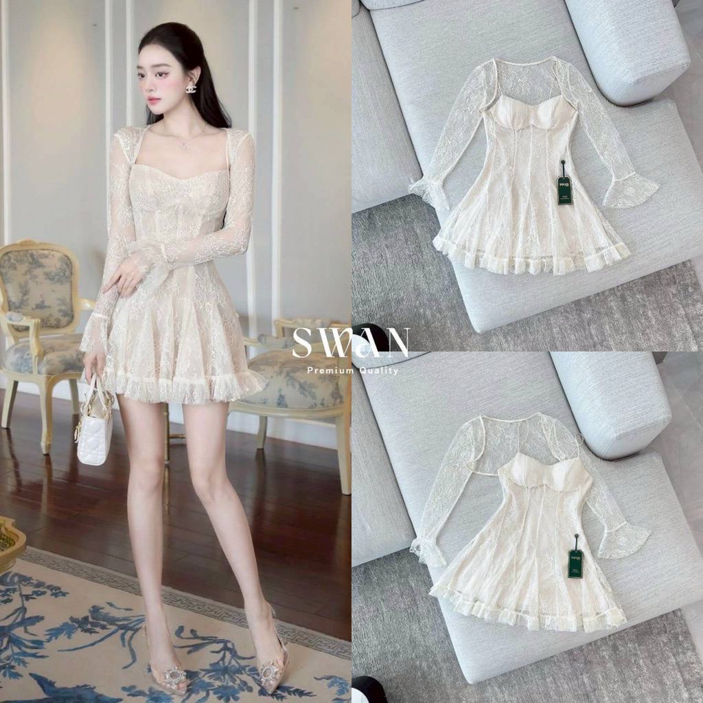 (พร้อมส่ง) Swan285 เซ็ต2ชิ้น เดรสสายเดี่ยวลูกไม้ซีทรูซ้อนด้วยซับในสีครีม ทรงสวยเข้ารูป+เสื้อคลุมแขนย