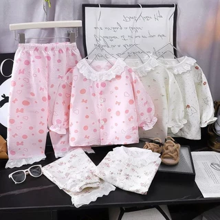 ✨80-130 ซม.✨ชุดนอนเด็กหญิง เสื้อคาร์ดิแกนติดกระดุม- กางเกงขายาว พร้อมส่งจากไทย
