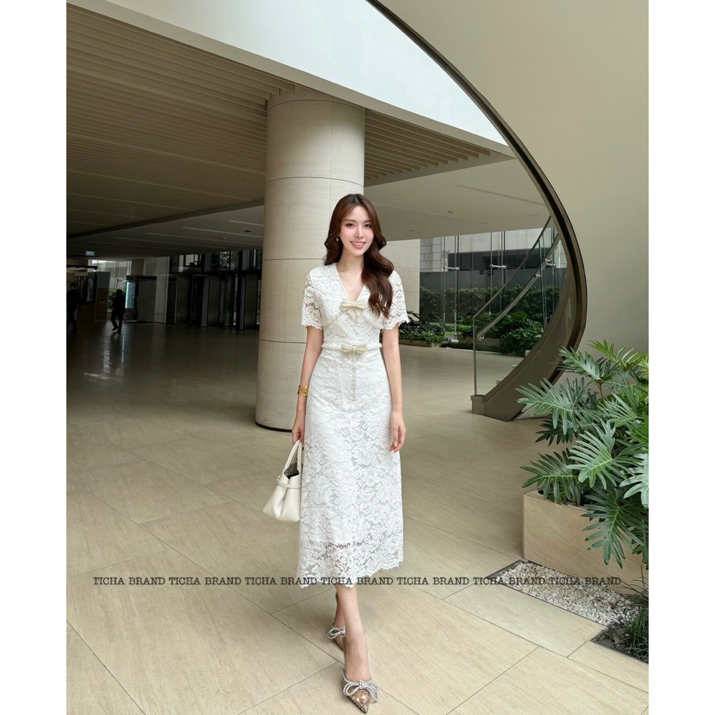 [Meena_shop] Ticha เดรสแขนสั้น คอวี ดีเทลแต่งมุก