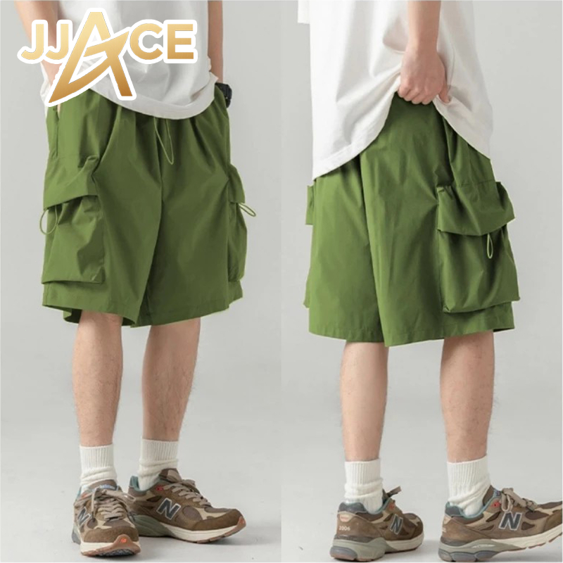 ผู้ชาย กางเกงคาร์โก้ขาสั้น ผ้าฝ้าย ทรงหลวม พลัสไซซ์ แฟชั่น สไตล์อเมริกัน กระเป๋าตรง 2ใบ มีเชือกที่เอว