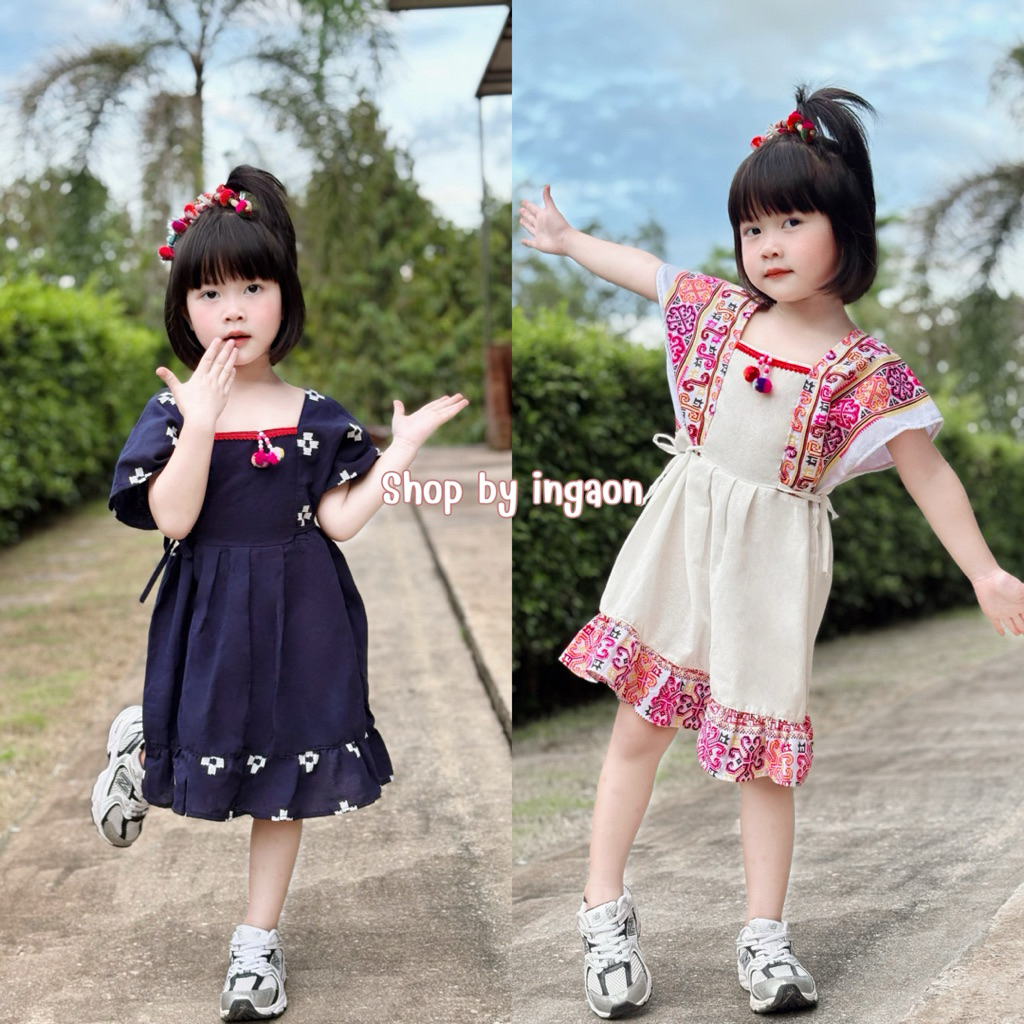 ชุดเด็กดอยผู้หญิง(มีไซส์1-10ปี)รุ่นระบายสีพื้น+พิมพ์ลาย เดรสพื้นเมืองเด็ก ผ้าฝ้าย