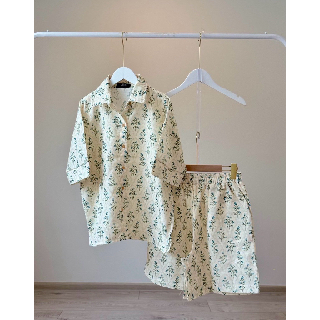 New Items! ชุดเซ็ท เสื้อแขนสั้น + กางเกงขาสั้น ฟรีไซส์ ผ้าลินินคอตตอน ลาย 05