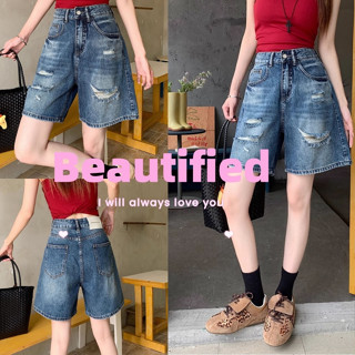 Beautified  กางเกงขาดกระบอกตรงวินเทจสีน้ำเงินเข้มเอวสูง กางเ…