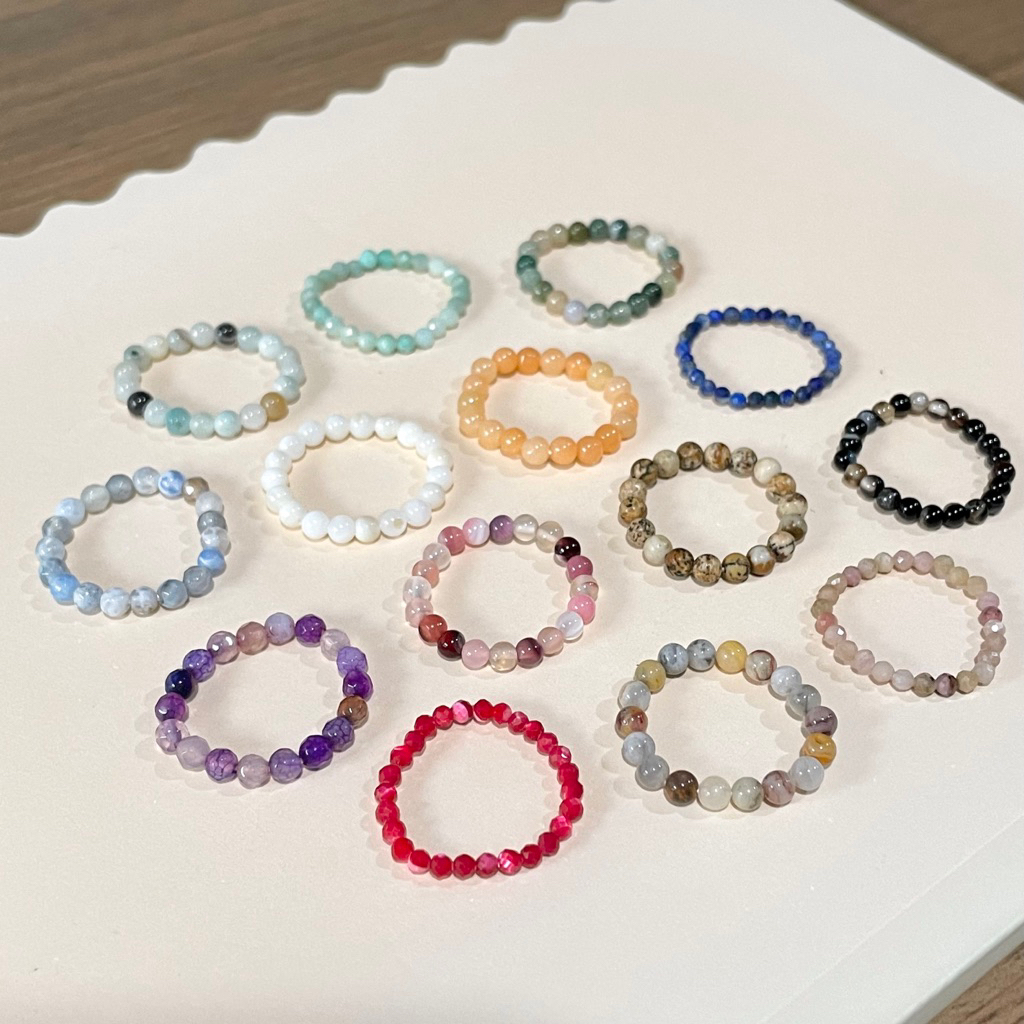 แหวนหินแท้ แหวนหินธรรมชาติ ส้ม แดง ชมพู ม่วง ฟ้า ขาว ดำ น้ำเงิน เขียว เอ็นยืด Stone Elastic Ring