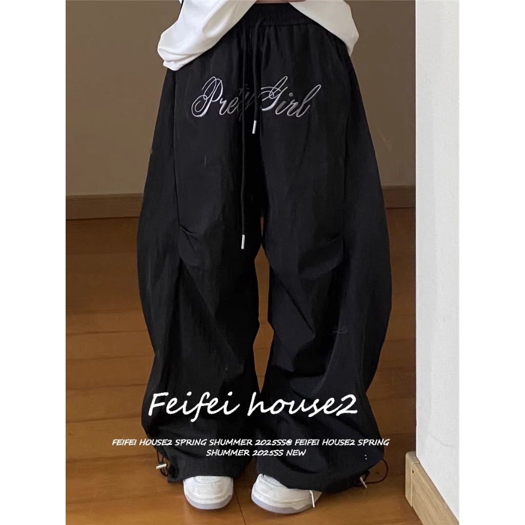 [Summer quick-drying fabric wide-leg pants]กางเกงขากว้างเชือกผูกแบบแห้งเร็วสไตล์อเมริกันสำหรับผู้หญิง