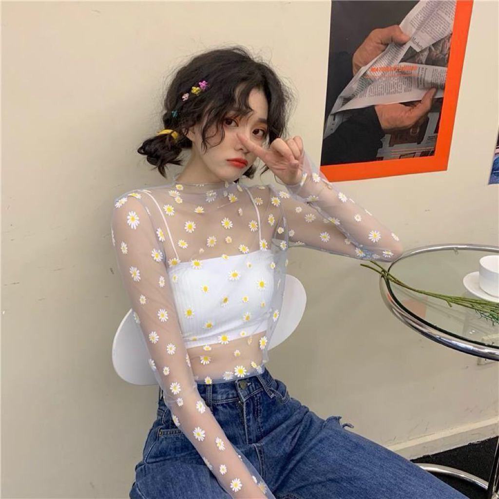 เสื้อซีทรูแขนยาว ลายดอกเดซี่ เซ็กซี่ น่ารัก