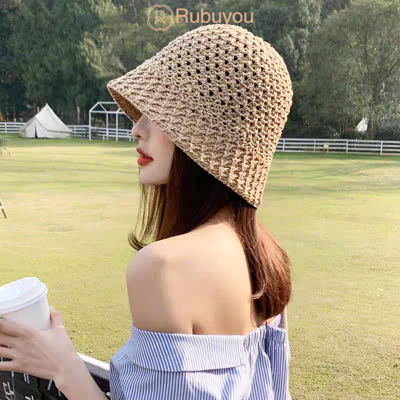 Rubuyou หมวกสาน หมวกบัคเก็ต เกาหลี แฟชั่น ป้องกันรังสียูวี แบบนิ่ม ระบายอากาศได้ดี ผู้หญิง หมวก-COD
