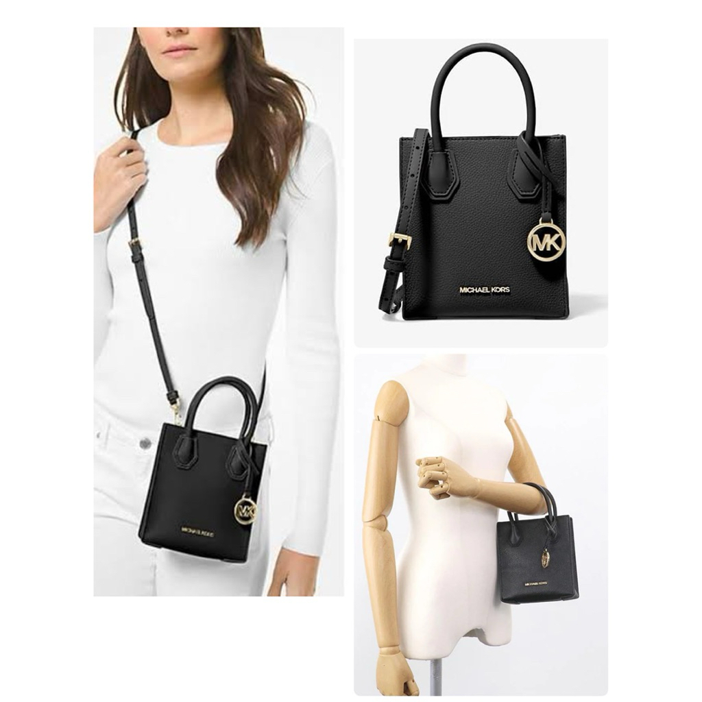กระเป๋าสะพายข้างกระเป๋าถือ หนังสีดำ 6 นิ้ว Michael Kors  Mercer Extra-Small Logo and Leather Crossbo