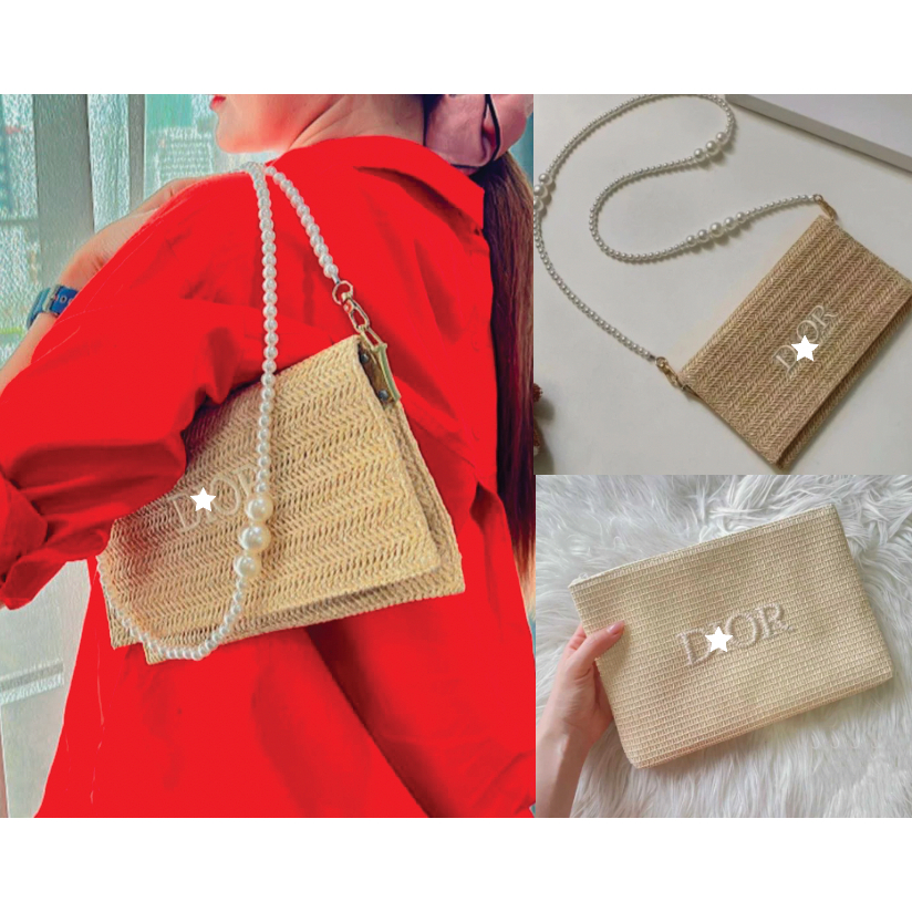 กระเป๋าเครืองสำอางค์ เลือกรูด GWP Di0r prestige set  bucket bag ทรงขนมจีบ สีครีม กระเป๋าทรงขนมจีบ แบรนด์