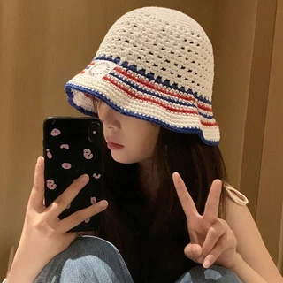 พร้อมส่งในไทย หมวกบักเก็ต ไหมพรมถัก ระบายอากาศ ตัดขอบลาย สไตล์เกาหลีขนาด 55-58ซม.
