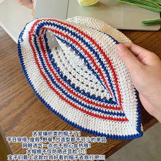 พร้อมส่งในไทย หมวกบักเก็ต ไหมพรมถัก ระบายอากาศ ตัดขอบลาย สไตล์เกาหลีขนาด 55-58ซม.