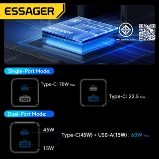Essager 70W MAX Type-C+USB-A เครื่องชาร์จแบบพกพา ทำงานร่วมกับอุปกรณ์ได้หลากหลาย