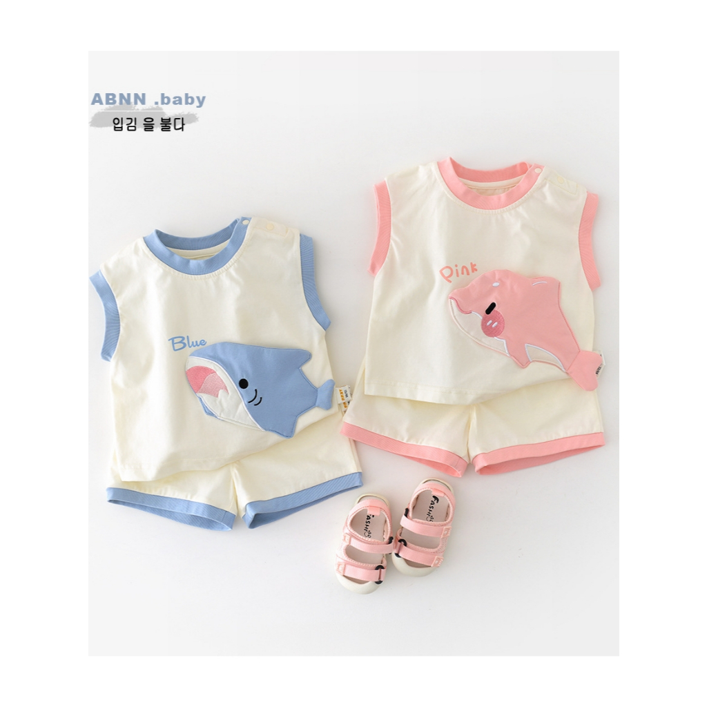 SM-113 (สินค้าพร้อมส่ง) เสื้อเด็กแขนกุดปักลายฉลาม น่ารัก มีให้เลือก 2 สี งานเซ็ท เสื้อ + กางเกง ใส่สบาย สไตล์เกาหลี