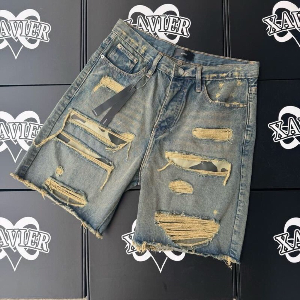 กางเกงยีนส์ ขาสั้น Amiri Cam Patch ขาสั้น แรร์ไอเท็ม Collection Army denim กางเกงยีนส์