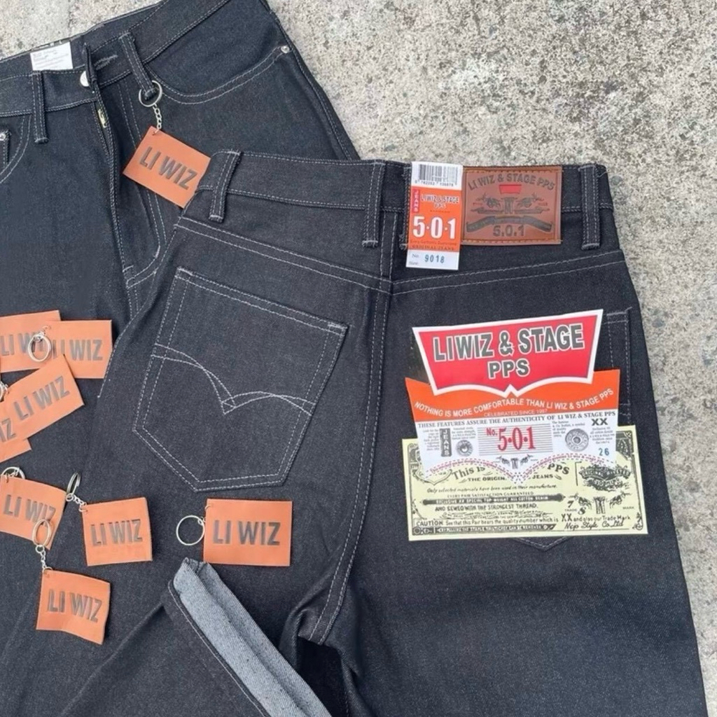 Liwiz&Stage ผ้าดิบ16Oz กางเกงยีนส์กระบอกใหญ่ แถมป้ายพวงกุญแจ