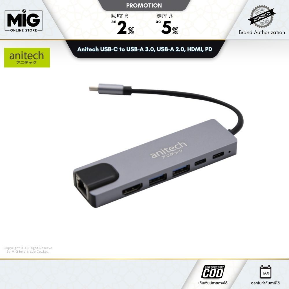 Anitech USB-C to USB-A 3.0, USB-A 2.0, HDMI, Micro/SD Card, PD รุ่น RA502 รับประกัน 2 ปี