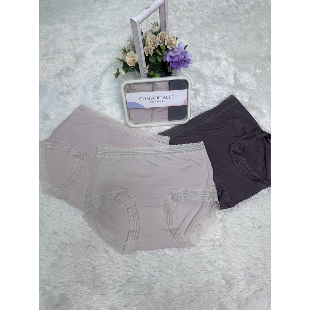 Comfortable กางเกงในขอบลูกไม้ G719 A028 Set 3ชิ้น ครีม,ชมพู,เทา  Size Free