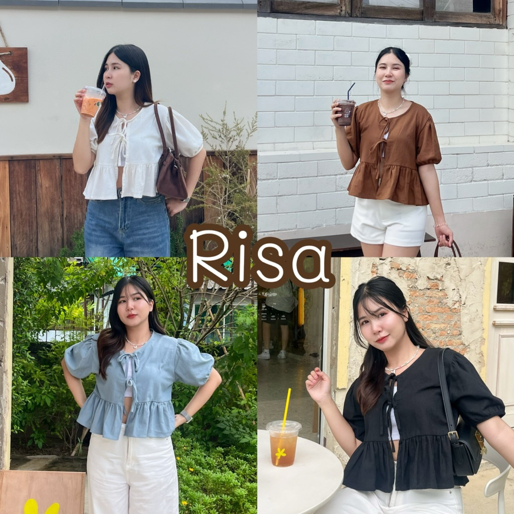 Risa🍎 เสื้อกระตุกแขนสั้นจั๊มปลายแขนแต่งระบายผ้าฝ้าย
