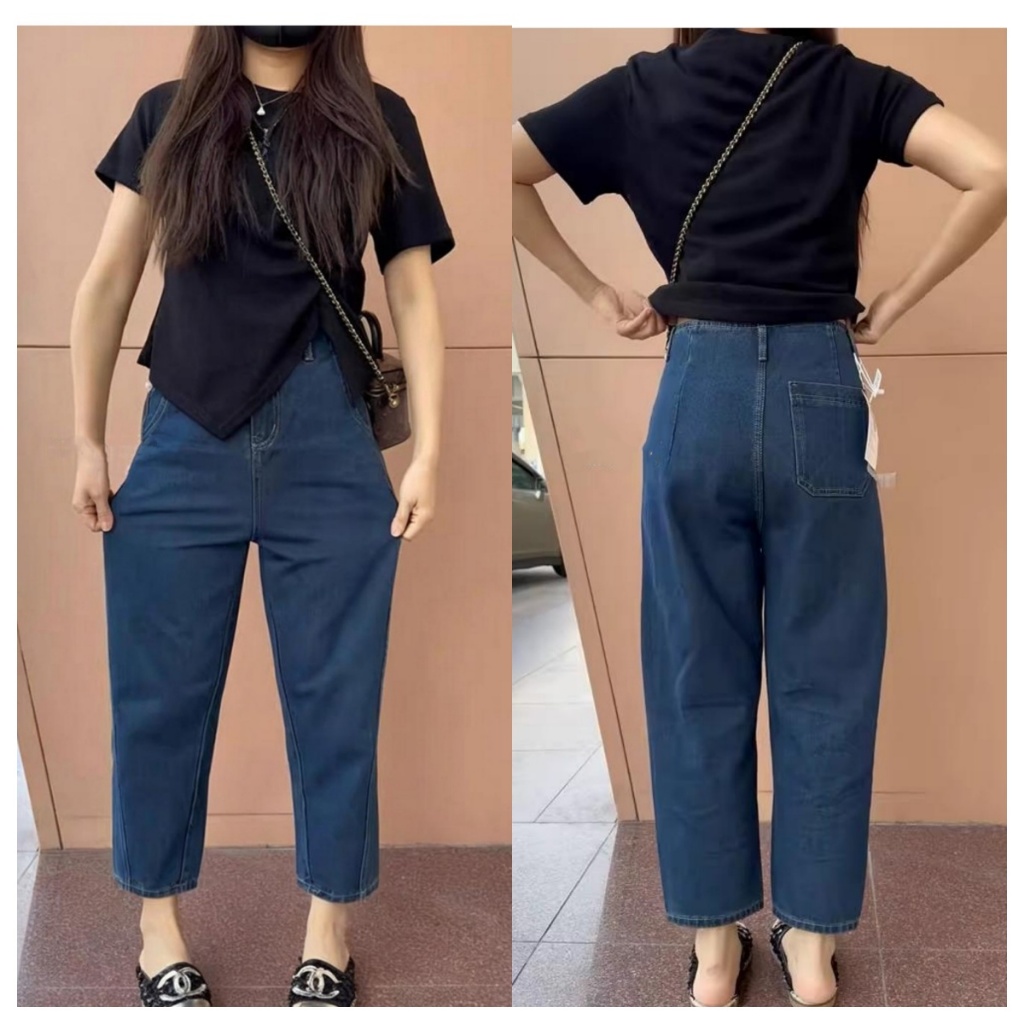 Beautified  กางเกงยีนส์ยืด 9 ส่วน เอวสูงสไตล์วินเทจ ดูผอมสำหรับสาวไซส์ใหญ่ V125