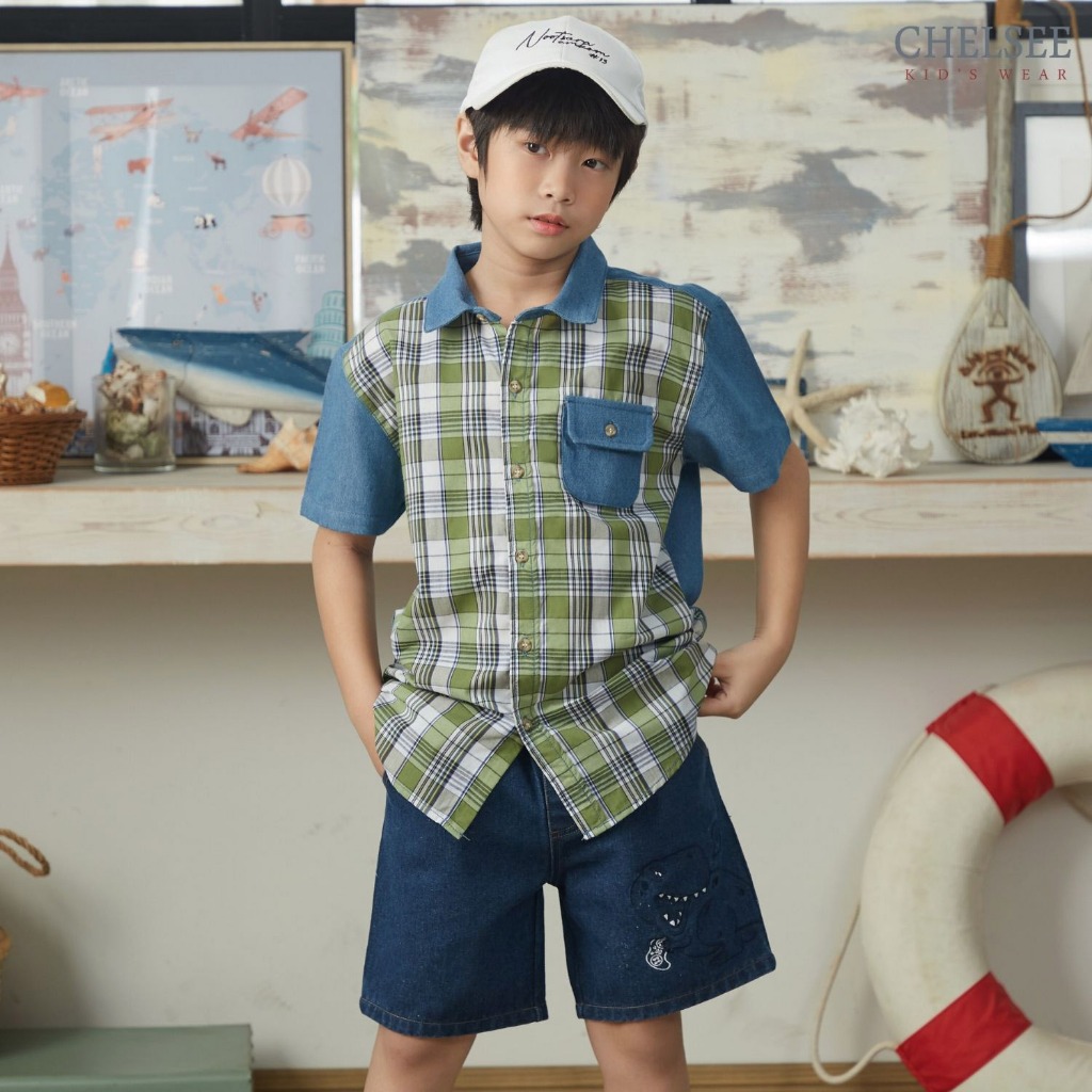 Chelsee เสื้อเชิ้ตยีนส์ แขนสั้น ลายสก๊อต ผ้ายีนส์ 100%Cotton เด็กผู้ชาย อายุ 1.5-10 ปี เสื้อผ้าเด็กโต รุ่น 128179 รูปที่ 6