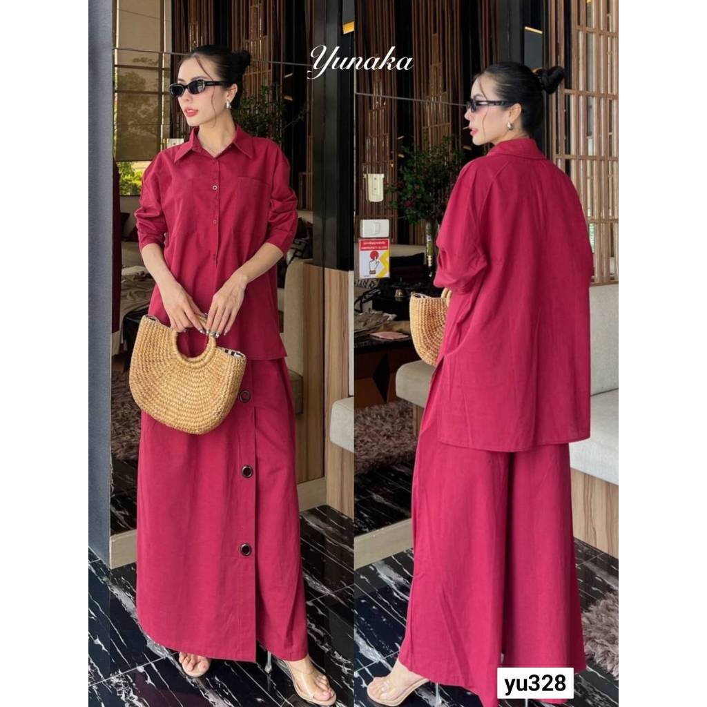 เซต2ชิ้น เสื้อเชิ้ตกระดุมหน้าแขนยาวกระเป๋าหน้าอก มาคู่กับกระโปรงกางเกงตัวยาวเอวยางยืดสม้อคหลัง