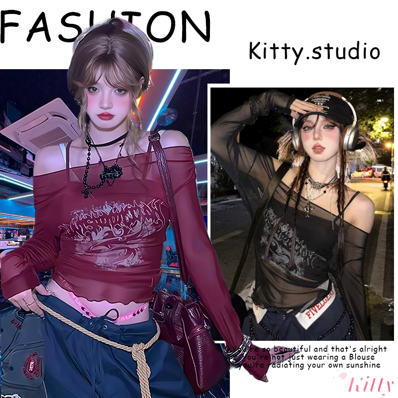 Kitty พร้อมส่ง🐲เสื้อครอป เซ็ต2ชิ้น🐲ซีทรูY2Kเสื้อปาดไหล่แขนยาว เซ็กซี่ผู้หญิง พิมพ์ลายมังกร แซ่บๆ ทรงรัดรูป แนวสตรีท