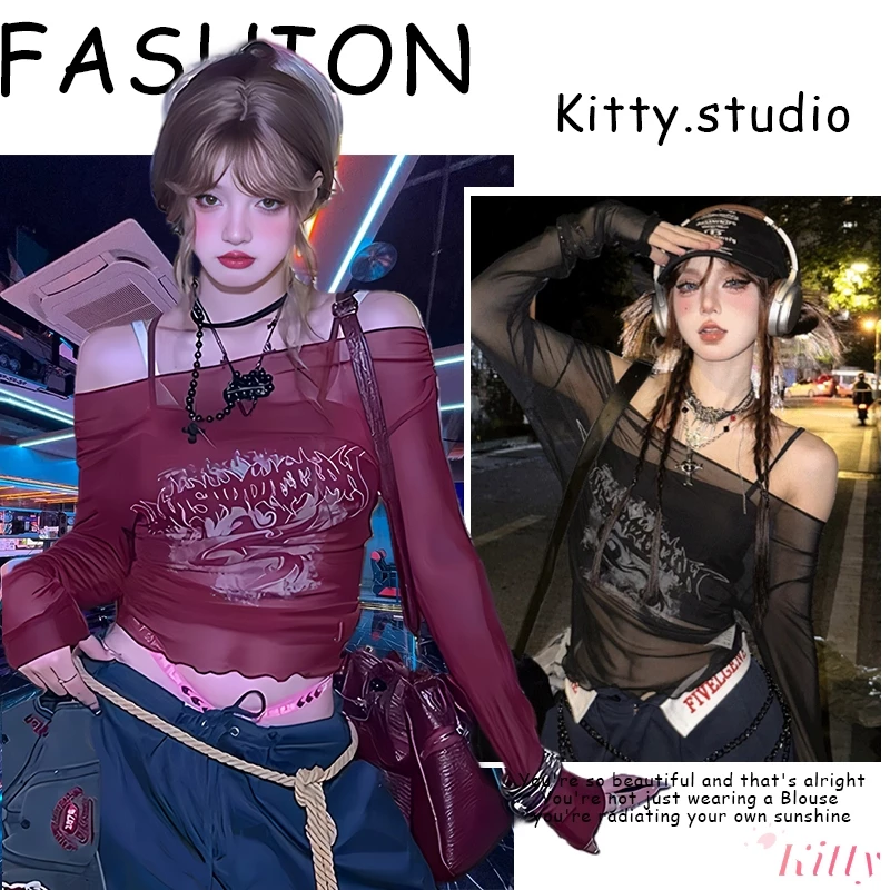 Kitty พร้อมส่ง🐲เสื้อครอป เซ็ต2ชิ้น🐲ซีทรูY2Kเสื้อปาดไหล่แขนยาว เซ็กซี่ผู้หญิง พิมพ์ลายมังกร แซ่บๆ ทรงรัดรูป แนวสตรีท