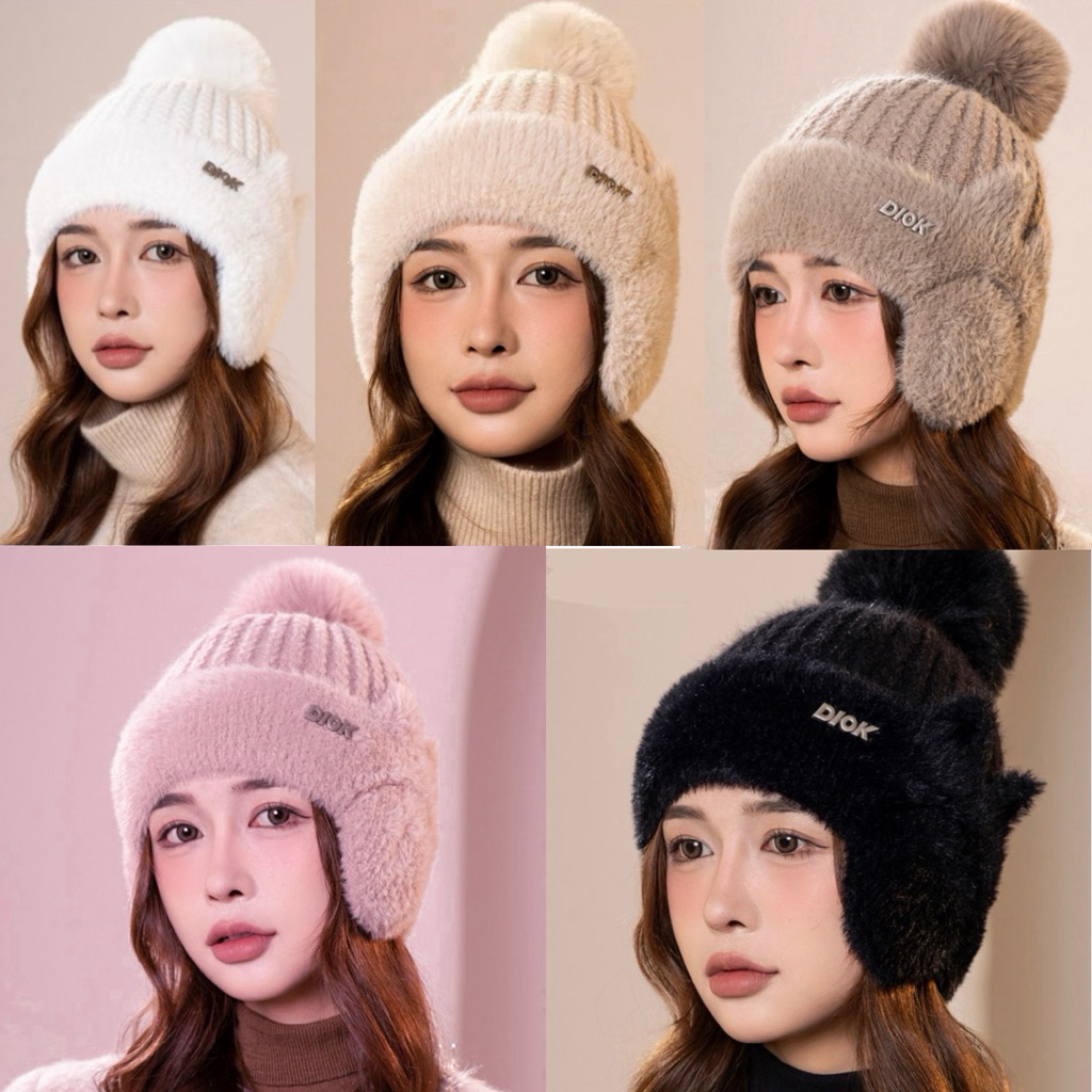 หมวกไหมพรมทรงบินนี่ปิดหู หัวจุก ขนนิ่ม 5 สี