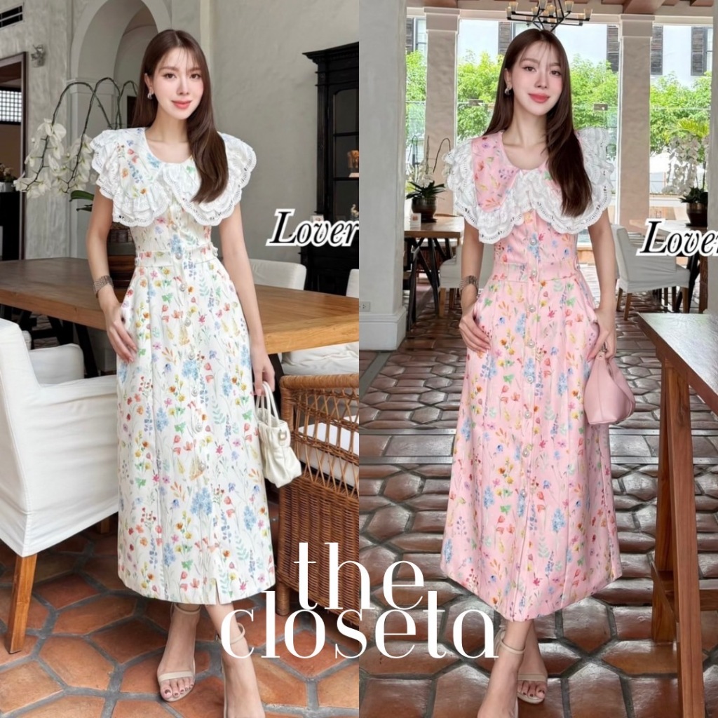 THE CLOSETA : (พร้อมส่ง) LV248 เดรสคอปกใหญ่แต่งระบายลูกไม้ กระโปรงทรงสอบพิมพ์ลายดอกไม้