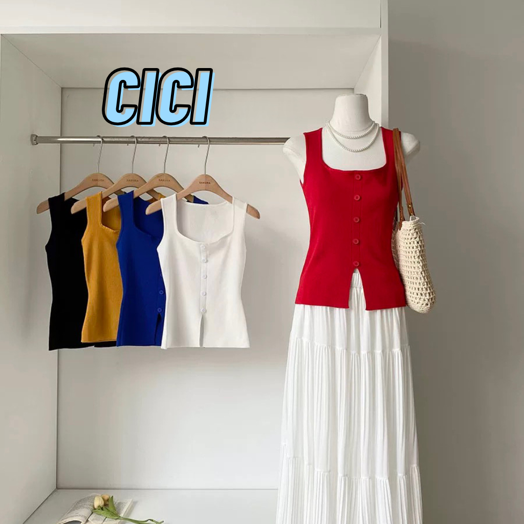 Cic(Z31) เสื้อไหมพรมแขนกุดคอเหลี่ยมแบบกั๊ก กระดุมหลอก ดีเทลแหวกด้านล่าง สไตล์ฝรั่งเศส