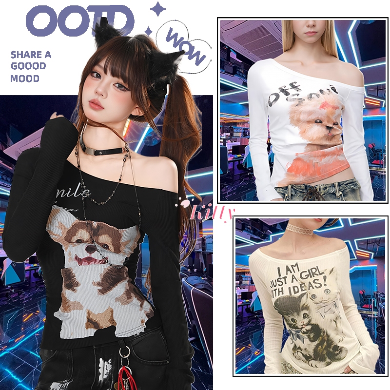 Kitty.พร้อมส่ง เสื้อยืดแขนสั้นเปิดไหล่ เสื้อปาดไหล่ข้างเดียวผู้หญิง เซ็กซี่้แฟชั่นเกาหลี คอวี สีพื้นเสื้อครอปcrop top
