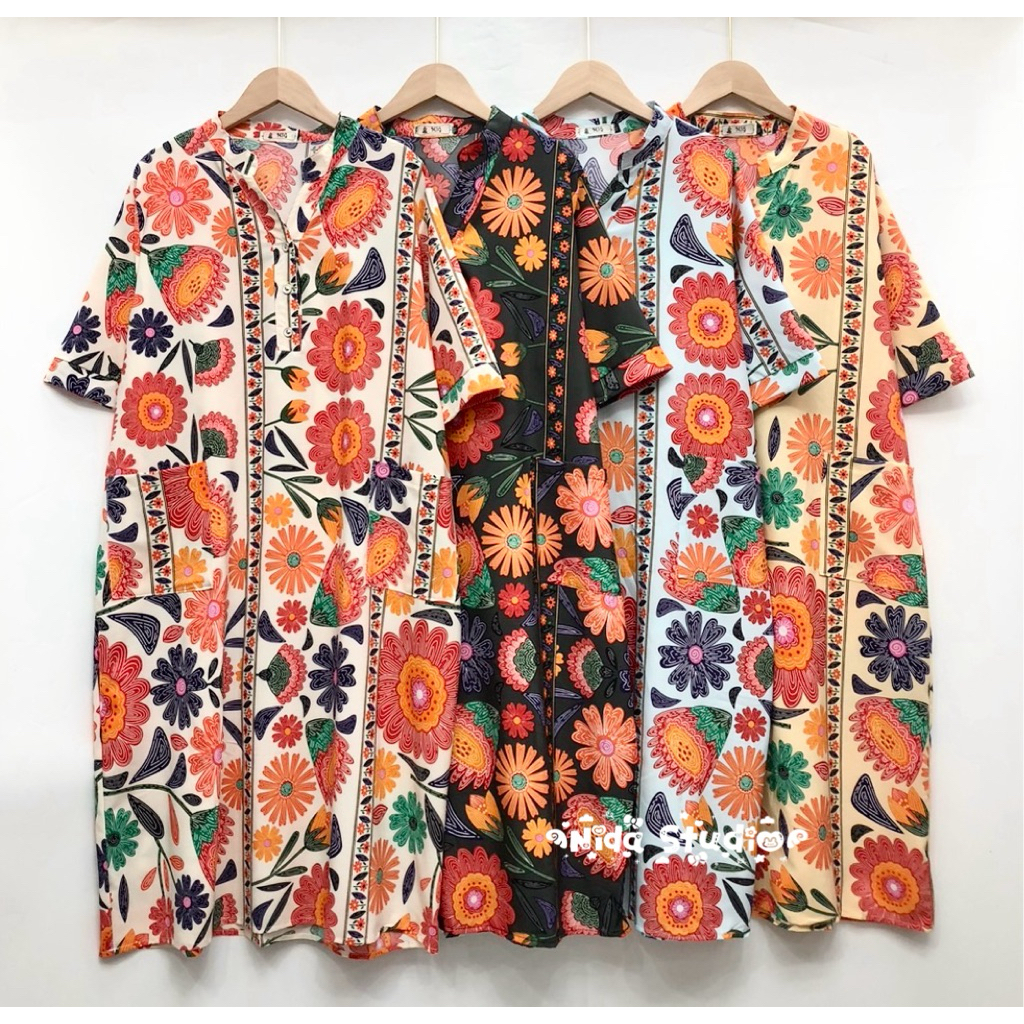 เดรสคอจีนแขนสั้น ผ้าไหมอิตาลี ใส่สบาย มีกระเป๋าหน้า 2ข้าง ลายดอกไม้ ไซส์ใหญ่