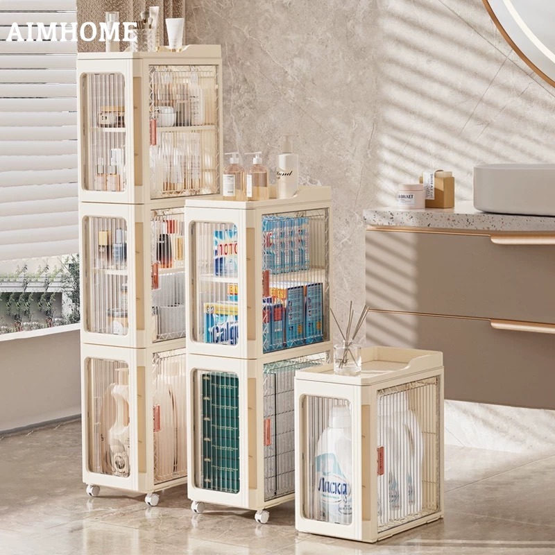 AimHome ตู้เก็บของ มีล้อ ตู้เก็บของแบบหลายชั้น ดีไซน์ 3 ประตู กล่องเก็บของพลาสติก มีล้อ หมุน 360 องศา ชั้นวางของมีล้อ