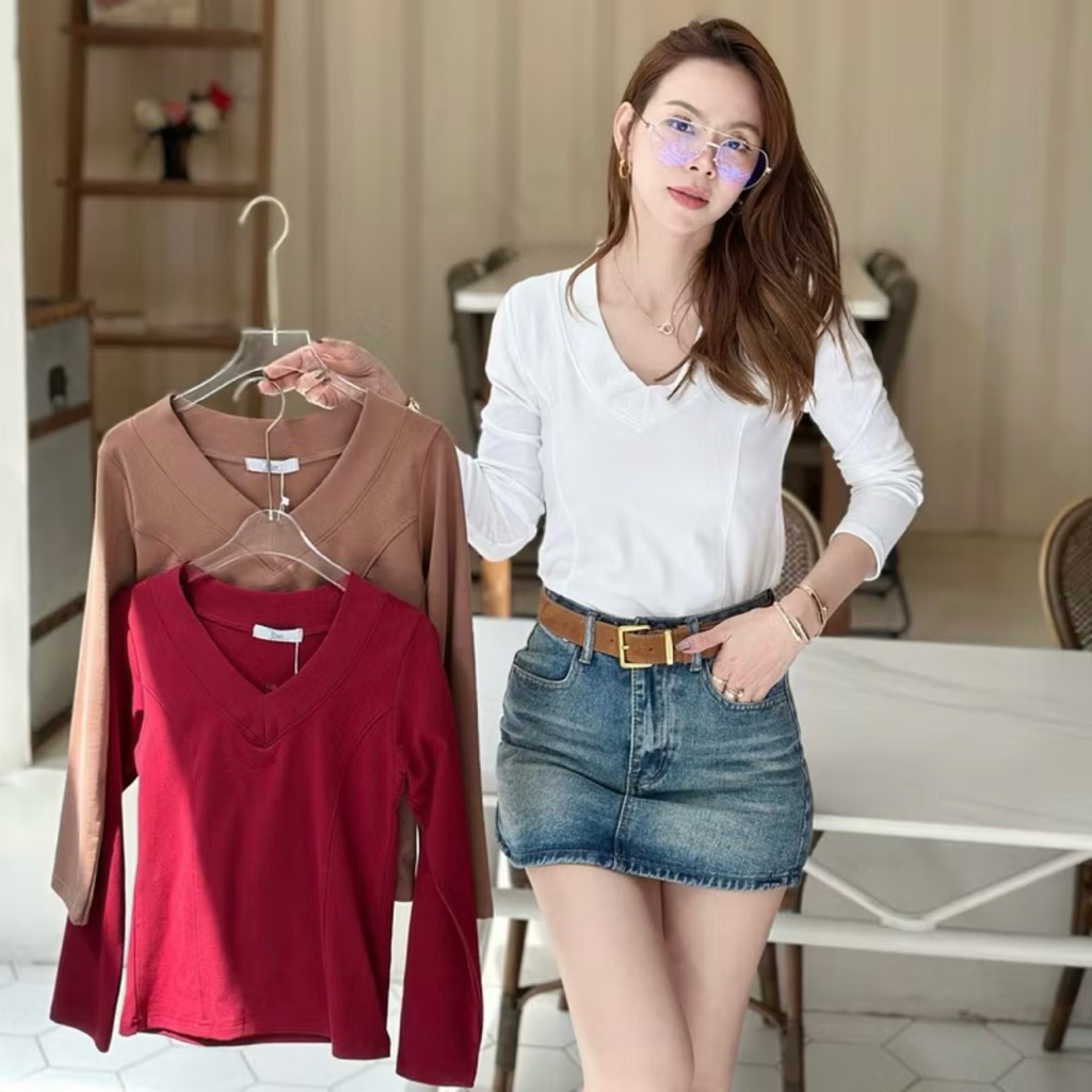 067-068 Deezyyเสื้อยืด คอวี แขนยาว ผ้าCotton supersofeมูจิ